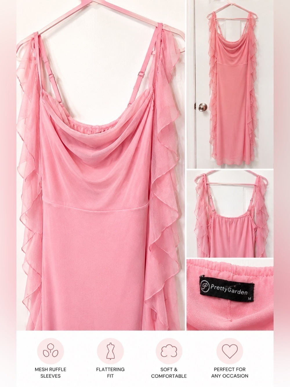 PrettyGarden Pink Mesh Ruffle Cold Shoulder Midi Dress Size Medium